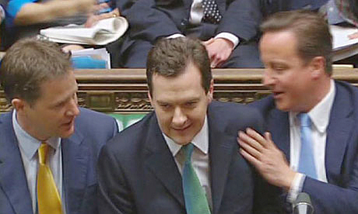 George Osbourne budget speech House of Commons Nick Clegg, George Osborne, David Cameron on front bench