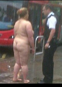 Looters stole the clothes off this lady.