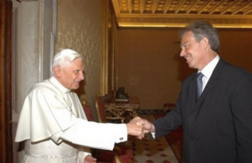Tony Blair and Pope, freemason handshake